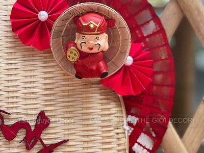 Vòng treo cửa mẹt tre Chúc Mừng Năm Mới cành lựu quạt Đỏ [Vòng nhẹ] N50cm VTC-T-46